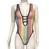 Tute da donna Pagliaccetti Intimo sexy Collant rete trasparente pigiama a righe arcobaleno