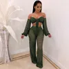 Hollow Out See Through Sexy Two Piece Pants Lantern Sleeve Bow Bandage Crop Top And Straight Wide Leg Pant