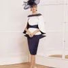 White Navy Knee-length Mother of the Bride Dresses with Wrap Jacket Boat Neck Jersey Short Stain Mother of Groon Gown