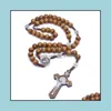 Pendant Necklaces Pendants Jewelry Wooden Jesus Prayer Necklace Handmade Personality Vintage Beads Cross Rosary Dhspo