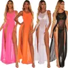 Bikini Cover Ups Women Mesh Sheer See Through Sexy Beach Dress Sleeveless Split Maxi Swimsuit Sarong 220524