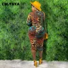 Cm.yaya kvinnor leopard tryck blixtlås upp sväng ner nacken långärmad staplad bodycon midi klänning elegant aktiv ruched draperade klänningar 220516