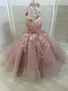 Flower Girl Dresses For Weddings Sleeveless Tulle Party Dress For Kids Girl Lace Appliques Princess Ball Gown Pageant MC2300