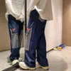 Baggy Jeans Y2K Erkekler Yığılmış Geniş Kargo Pantolon Streetwear Kalp Baskı Yama Düz Bacak Kot Pantolon Kadın Boy Rahat 3xl T220803