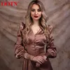 OOTN Beige Single Breasted Sexy Dress Party Clud High Waist Satin Long Elegant V Neck Women Midi es Lantern Sleeve 220331