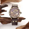 Armbandsur brons skelett mekanisk titta på män automatiska självvind klockor antika retro läder armbandsur manlig relogio masculinowristwa