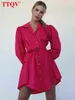 TTQV Fashion Pink Mini Dress Lady Casual Long Sleeve Lace-Up Dress Elegant Lose One Breaded Dresses for Women 2022 T220804