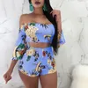 Floral Print Casual Dois Peça Set off Ombro Cami Top Shorts Set Summer Curto Tracksuit Mulheres Sexy Bodycon Romper S-XXL 220423