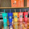 2022 Starbucks 16oz 24oz tasses en plastique gobelet réutilisable clair potable fond plat couvercle en forme de pilier tasse de paille tasse le nouveau produit chaud pour la vente directe d'usine AB