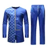 Etnik Giyim Mavi Afrika Dashiki Baskı Üst Pantolon Set 2 Parça Kıyafet 2022 Geleneksel Erkek Giysileri için Casual Suit