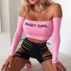 Kadın Sıkı Giyim Tişörtleri Partisi Gece Kulübü Pembe Seksi Üst Mektup Baskı Uzun kollu göğüs sarılı kısa tişört açık göbek