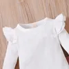 2ピースの幼児の女の子の服セットは長袖の白いティーとボタンのデザイン全体のキッズドレスセット1061 E3