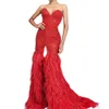 Plumes de luxe rouge robes de bal chérie bretelles haute Split cristaux perlés sirène femmes robe de soirée