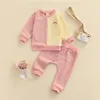 Kläduppsättningar födda kläder baby flickor färg block regnbågsmönster långärmad rund nacke tröja   solida byxor 2 st för 0-18m
