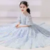 Blue paillettes robe fleur fille robe dentelle appliquant o cou strass kids pageant robe de plancher guiche de fête d'anniversaire fille