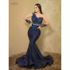 Aso Ebi 2022 Arabic Navy Blue Mermaid Evening Dresses Lace Beaded Prom Dresses Sheer Neck Formal Party Second Reception Gowns F0325