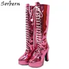 Sorbern Metallic Block Heens Kolee High Boots for Women Chunky High Heel Platform Unisex Crossdresser Buty Boot Duży rozmiar UE 44