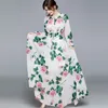 Banulin Summer Fashion Runway Boho Maxi Dresses Women's Long Sleeve Rose Flowers Print Elastic Midje Holiday Elegant Long Dress 220516