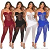 Sexy Black Mesh Splicing Jumpsuits Bodycon Leggings Designer Borst Wirping Rits Bodysuit Dames Rompers Club Draag