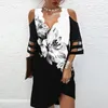 Summer Women Short Dress V Neck Sleeve Lace Mesh Patchwork Casual Loose Beach Floral Print Mini S 4XL 220613