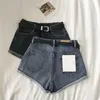 Hemming Denim Mini Shorts Women Summer 2021 Nya enkla mångsidiga höga midja breda ben Jeans Hot Shorts med Belt Jeans Femme 210306