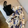 Kvinnor Tvådelat Sex Black Croped Tops Ink Splash Floral Print Shirt Draped Kirt Summer Fashion Casual Dress Set 220526