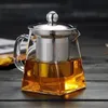 550ml Clear Heat Resistant Glass Teapot Stainless Steel Infuser Filter Basket High Transparency Heated Square Kettle Flower Tea Pot High Borosilicate ZL0741