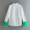 트래프 흰색 셔츠 여자 긴 소매 녹색 깃털 탑 파티 우아한 여성 블라우스 패션 칼라 링 버튼 업 여성 셔츠 220725