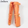 Sorbern Beginner Heelless Mid Calf Boots Women Plus Size Sexy Fetish Shoe Pinup Ballet Lockable Wedge Boot Orange Matt