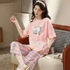 Летний мультфильм хлопок пижамы набор женщин пижамы пижамы ночная одежда Pijama Mujer домашняя одежда повседневная теленка брюки ночника 220329