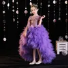 Purple Puffy Girls Dresses 3D Flower V Neck Long Train Kids Teens Pageant Gowns Sequined Birthday Party Dress For Wedding Cooktail Gown 403