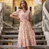 Yaz Dresse Floral A-Line Zarif Şifon Maksi Elbise Bohemian Gevşek Rahat Fırfır Plaj Elbiseleri Kadınlar için Vestidos 220516
