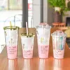 1pc Pink Pineapple Coffee Mugs BPA Free Plastic Water Bottle Travel Mug Portable Tea Milk Juice Cup With Straw Drinkware 20220608 D3