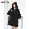 CHIC VEN Damen Hoodies Sweatshirts Schwarz Solide Streetwear Lässige Kapuze Halber Reißverschluss Briefdruck Hoodie Kleid T220726