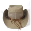 Berets skórzane mężczyźni mesh western cowboy hat szerokie grzbiet na zewnątrz sombrero hombre cowgirl fascynator fascynator Tassel Hatberets Wend22