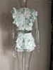 Work Dresses High Quality 2022 Sunday Set Elastic Waistband Cropped Top With Ruffle Detail And Cute Mini Shorts Skirts GreenWork