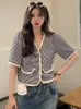 Women's Jackets Summer Fashion Clothes Female Short Cardigan Tops Women Houndstooth Thin Coat Casual Slim Pearl Buttons V-neck Sleeve TopWom