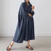 Casual Dresses Summer Fashion Korean Black Blue Long Batwing Sleeve Turn Down Collar Cotton Linen WomenCasual