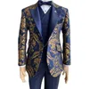 Jacquard Floral Smoking Suits for Men Wedding Slim Fit Fit Blue Navy e Jaqueta de Cavalheiro Gold com colete Costume masculino 220705
