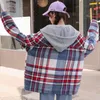 Women's Jackets JMPRS Women Plaid Jacket Fashion Hooded Loose Woolen Sweet Preppy Style Coats Patchwork Casual BF Cotton Oversize Winter Out