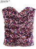 Zevity Women Summer Y2K Party Purple Neeeveless Tube Cami Off Shoulder Club Corset Tank Lady Strapless Sequin Crop Tops LS9958 2205980396