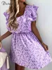 DICLOUD Boho Floral Women Dress For Summer 2022 Elegant Lilac Light Beach Short Sundress Sexy V Neck Ruffle Print Party Female G220510