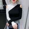 Sexy Knitted Sweater Off Shoulder Pullovers Sweater for Women Long Sleeve Turtleneck Female Jumper Black White Clothing 201203