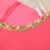 Summer Short Sleeve Round Neck Dress Hot Pink / Apricot Solid Color Beading Pockets Knee-Length Elegant Casual Dresses 22L256036