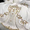 European Palace Luxury Gold Embroidery Bedding Set - White Satin Silk/Cotton Double Duvet Cover, Bed Sheet, Linen Pillowcases - Princess Home Textile Collection