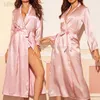 Ultra Uzun Elbise Kadın Nightwear Lapel Nightgown Tam Kollu Kimono Banyo Elbise Gelin Nedime Gecesi Kemer L220803