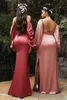 Simple Water Melon Satin Mermaid Prom Dresses Floor Length Off the Shoulder Long Sleeve Special Occasion Dress Sexy Side Split Open Back Evening Gowns For WOmen