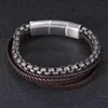 Charm Bracelets Male Jewelry Brown Leather With Stainless Steel Chain Stitching Combination Men Magnetic Clasp Punk Accessories SP0998Charm