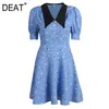 Deat dames blauw patchwork printen met één borsten jurk nieuwe vneck korte puff mouw slanke fit mode zomer 7e0874 210428