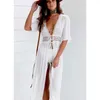 Robes décontractées Femmes Summer Beach Boho Robe solide Robes Beachwear Maillots de bain Kaftan Split Deep V Hollow Out Robe à lacetsCasual